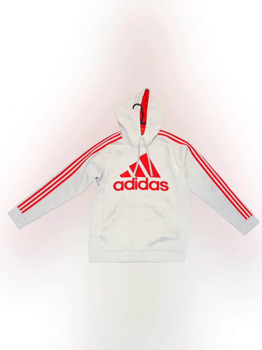 adidas Essentials Grey Hoodie with Red  3 Stripes Logo Pullover with Hood Lining